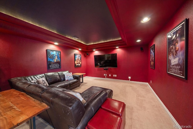 cinema room with carpet and a tray ceiling