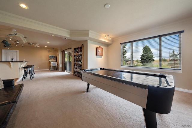 5861 E Valley Hi Dr, Parker, CO 80138 - rec room featuring ornamental molding, light colored carpet, plenty of natural light, and recessed lighting