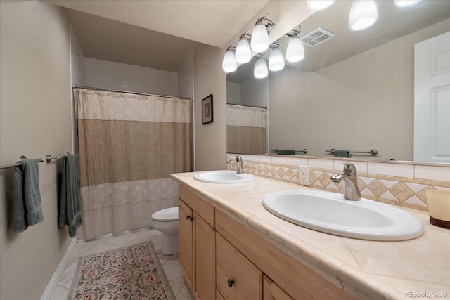 5861 E Valley Hi Dr, Parker, CO 80138 - full bathroom featuring double vanity, tile patterned flooring, tasteful backsplash, and a shower with curtain