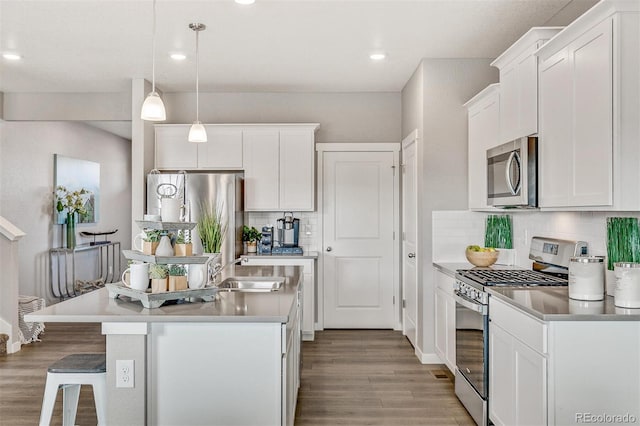 4837 Cattle Cross Ln, Castle Rock, CO 80104 - kitchen with appliances with stainless steel finishes, a sink, an island with sink, wood finished floors, and backsplash