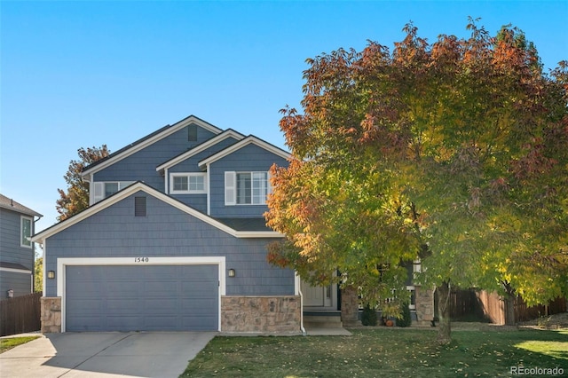 1540 Meachum Way, Erie, CO 80516 - craftsman-style house featuring stone siding, driveway, and a garage