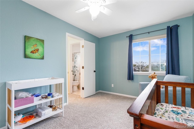 1540 Meachum Way, Erie, CO 80516 - carpeted bedroom featuring baseboards, a ceiling fan, and ensuite bathroom