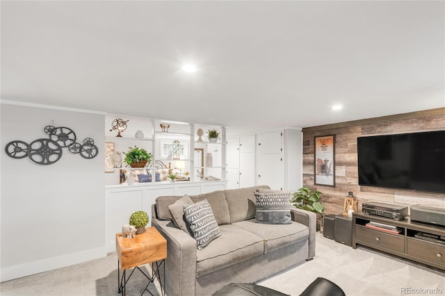 3317 Harlan St, Wheat Ridge, CO 80033 - carpeted living area featuring baseboards, recessed lighting, and wooden walls