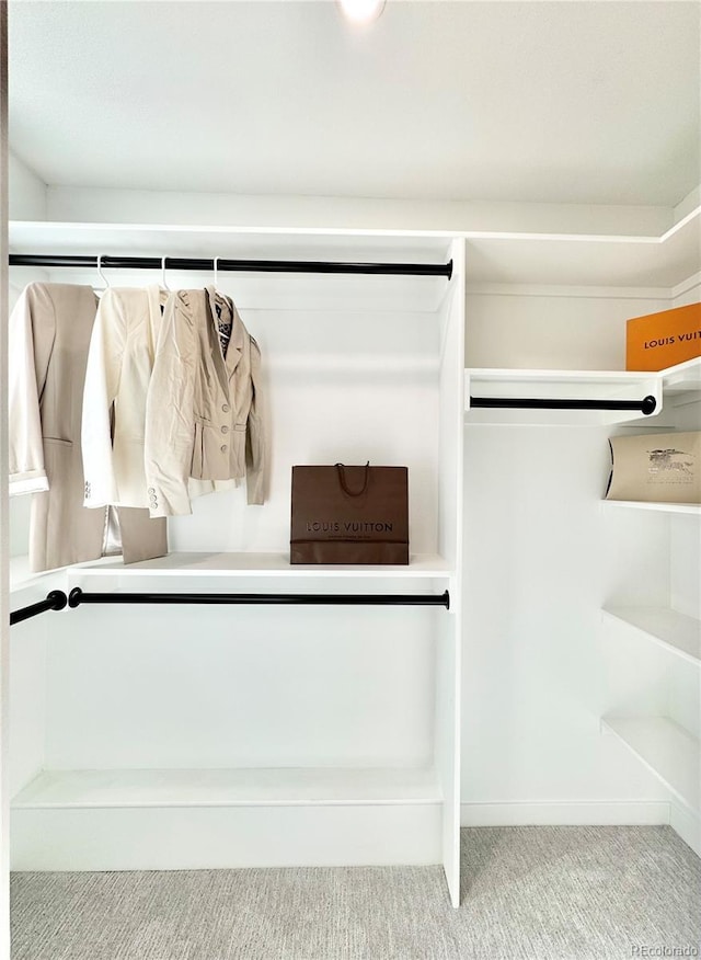 walk in closet with light colored carpet