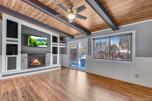 unfurnished living room with beam ceiling, a fireplace, wood ceiling, and hardwood / wood-style flooring