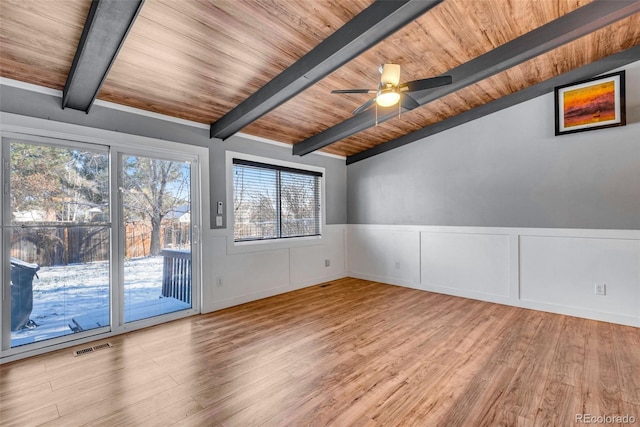 interior space featuring light hardwood / wood-style flooring, ceiling fan, and wooden ceiling