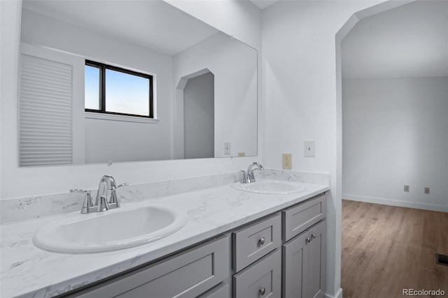 bathroom with vanity and wood-type flooring