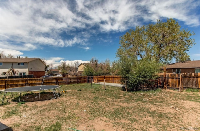 view of yard featuring a fenced backyard and a trampoline