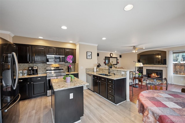 kitchen with a peninsula, ceiling fan, appliances with stainless steel finishes, a sink, and open floor plan