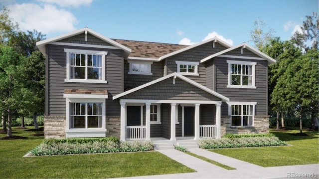 craftsman-style house featuring stone siding, covered porch, and a front lawn