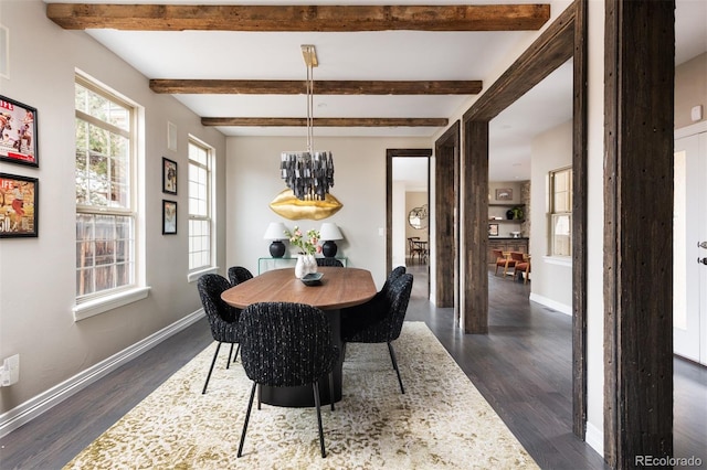 dining space with beamed ceiling, dark wood-style floors, baseboards, and a chandelier