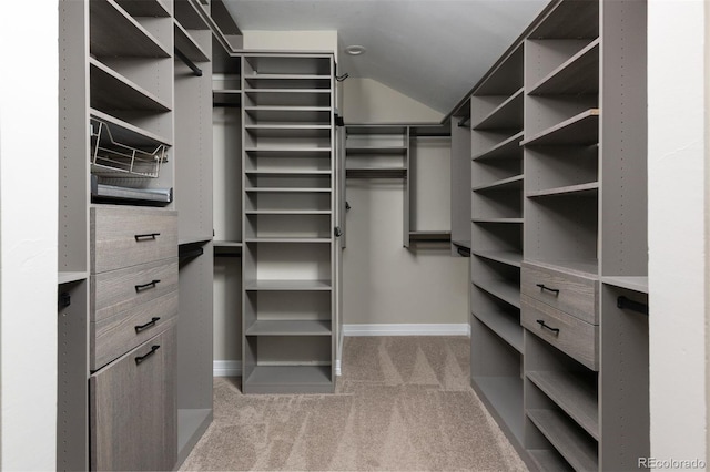 walk in closet featuring lofted ceiling and light carpet