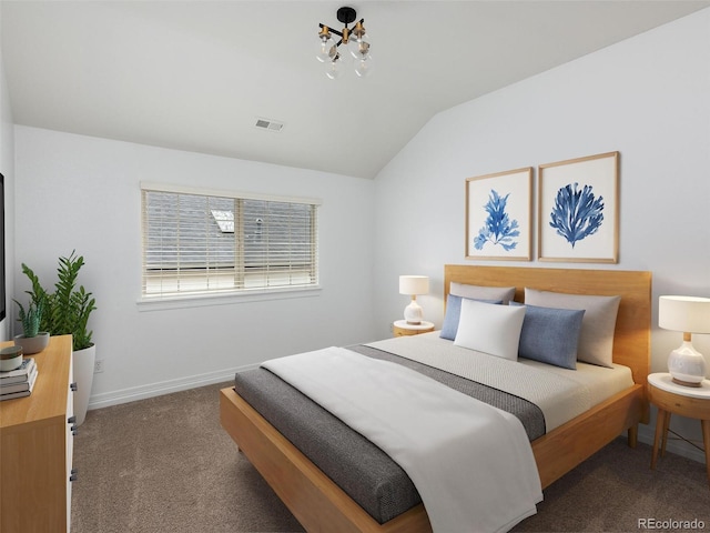 bedroom with visible vents, baseboards, carpet, and vaulted ceiling