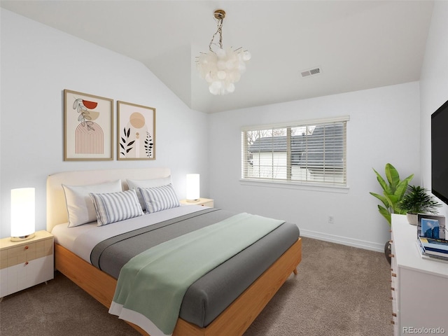 bedroom featuring visible vents, a notable chandelier, dark carpet, baseboards, and vaulted ceiling