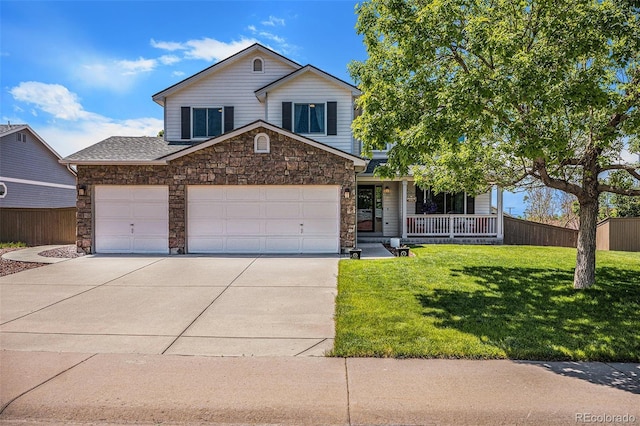 1325 Kingsfield St, Castle Rock, CO 80104 - traditional home featuring stone siding, driveway, a porch, and a garage