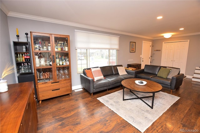 8229 Estes Ct, Arvada, CO 80005 - living room with crown molding, dark wood finished floors, and recessed lighting