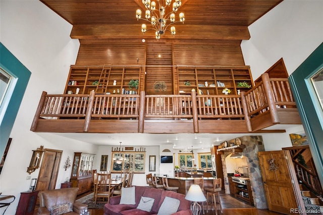 221 Columbine Pl, Woodland Park, CO 80863 - living room with a towering ceiling and a chandelier