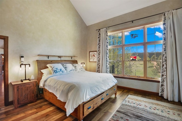 221 Columbine Pl, Woodland Park, CO 80863 - bedroom with hardwood / wood-style flooring, high vaulted ceiling, and multiple windows