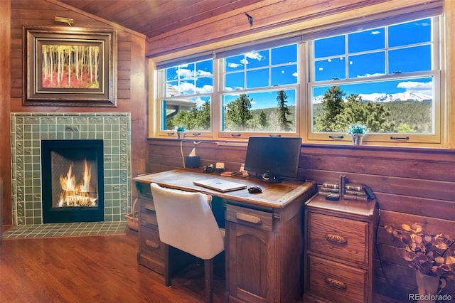 221 Columbine Pl, Woodland Park, CO 80863 - office with dark wood-style floors, wood walls, and wood ceiling