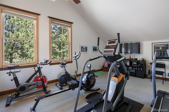 221 Columbine Pl, Woodland Park, CO 80863 - workout area with lofted ceiling and ceiling fan