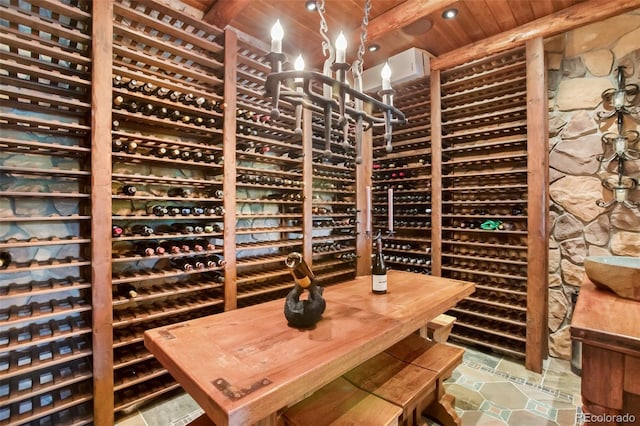 221 Columbine Pl, Woodland Park, CO 80863 - wine area featuring wood ceiling, tile patterned floors, and recessed lighting
