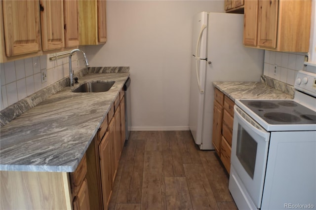 4585 Gatewood Dr, Colorado Springs, CO 80916 - kitchen with white range with electric cooktop, decorative backsplash, dark wood-type flooring, and stainless steel dishwasher