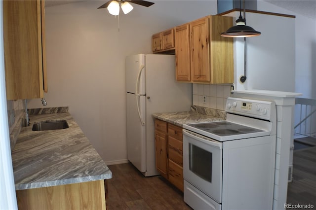 4585 Gatewood Dr, Colorado Springs, CO 80916 - kitchen featuring white appliances, a ceiling fan, dark wood-style flooring, tasteful backsplash, and light countertops
