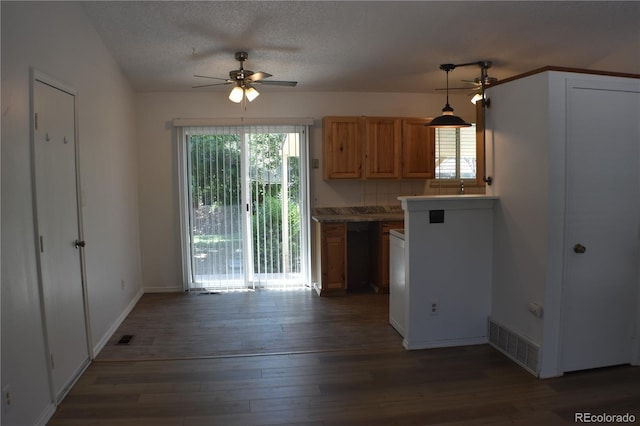 4585 Gatewood Dr, Colorado Springs, CO 80916 - kitchen with a ceiling fan, healthy amount of natural light, wood finished floors, and hanging light fixtures