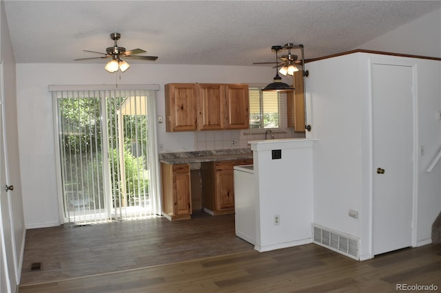 4585 Gatewood Dr, Colorado Springs, CO 80916 - kitchen with ceiling fan, wood finished floors, and a textured ceiling