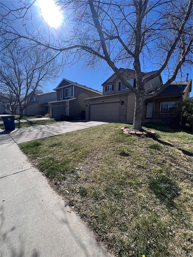 view of property exterior with an attached garage, concrete driveway, and a lawn