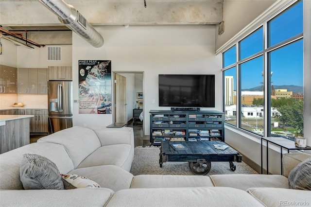 living room with a high ceiling