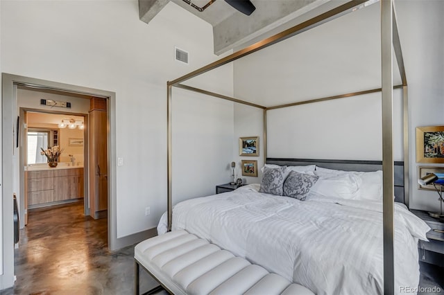 bedroom featuring ceiling fan, beamed ceiling, concrete flooring, a closet, and a towering ceiling