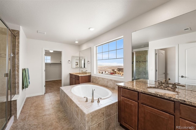 bathroom with tile patterned flooring, vanity, plenty of natural light, and plus walk in shower