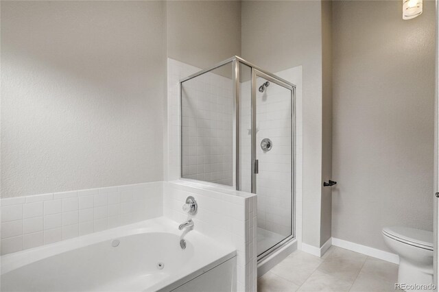 6735 W 97th Cir, Westminster, CO 80021 - full bathroom featuring a shower stall, a bath, tile patterned floors, toilet, and baseboards