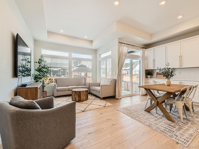 living room with a tray ceiling, light hardwood / wood-style flooring, and a healthy amount of sunlight