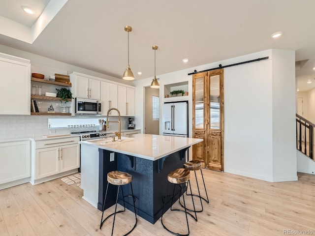 kitchen with a barn door, light wood-type flooring, white cabinetry, and appliances with stainless steel finishes