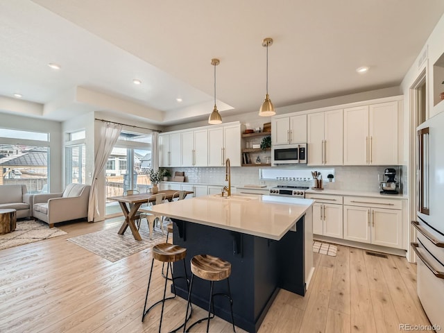 kitchen featuring white cabinetry, stainless steel appliances, and light hardwood / wood-style floors