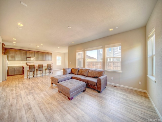 living room featuring light wood-type flooring and a textured ceiling