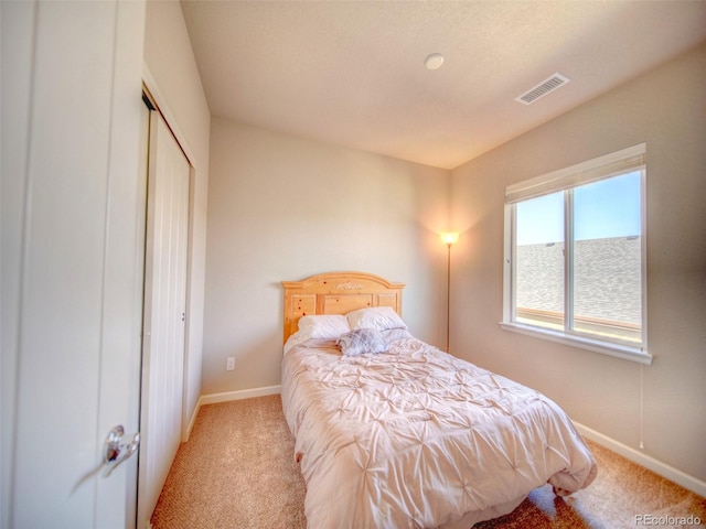 carpeted bedroom with a closet and a water view