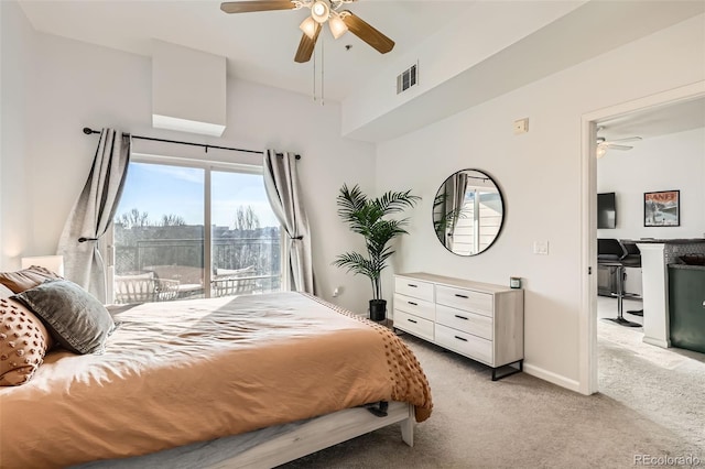 bedroom with light carpet, access to exterior, a ceiling fan, baseboards, and visible vents