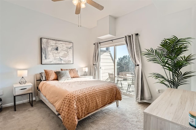 bedroom with ceiling fan, access to exterior, baseboards, and light carpet