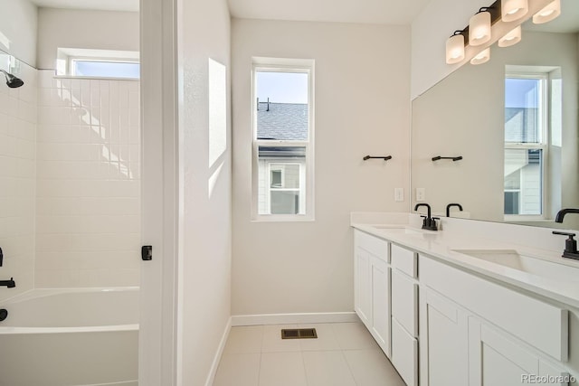 bathroom featuring a wealth of natural light, tile patterned flooring, vanity, and tiled shower / bath combo