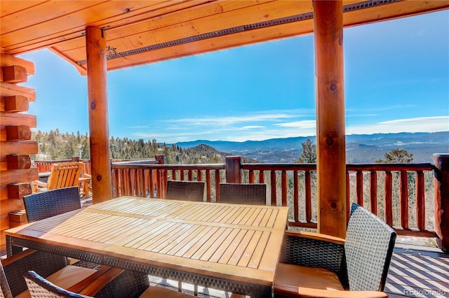 wooden deck with a mountain view