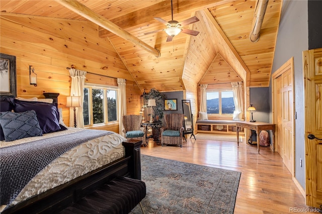 bedroom featuring hardwood / wood-style floors, multiple windows, wooden ceiling, and lofted ceiling with beams