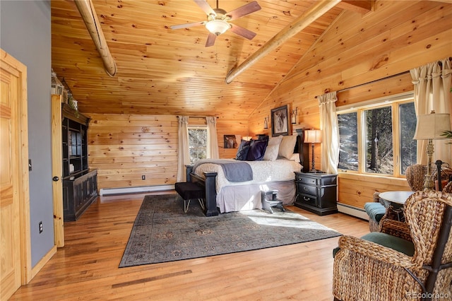 bedroom with light wood-type flooring, vaulted ceiling with beams, a baseboard radiator, and wooden ceiling