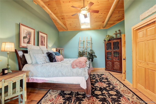 bedroom featuring vaulted ceiling with skylight, wood-type flooring, wooden ceiling, and ceiling fan