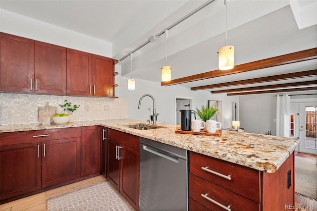 kitchen with kitchen peninsula, backsplash, pendant lighting, stainless steel dishwasher, and sink