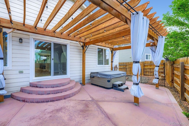 449 Vista Blvd, Lochbuie, CO 80603 - view of patio / terrace with a hot tub, a pergola, and entry steps