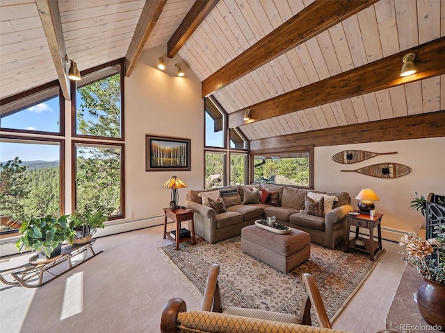 28550 Cavan Ln, Evergreen, CO 80439 - living room featuring carpet floors, high vaulted ceiling, a wooden ceiling with exposed beams, and a baseboard heating unit