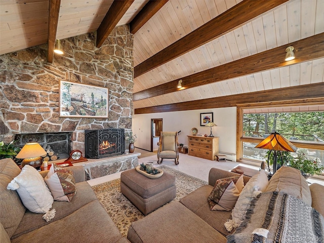 28550 Cavan Ln, Evergreen, CO 80439 - carpeted living room featuring a stone fireplace, wooden ceiling, and baseboard heating